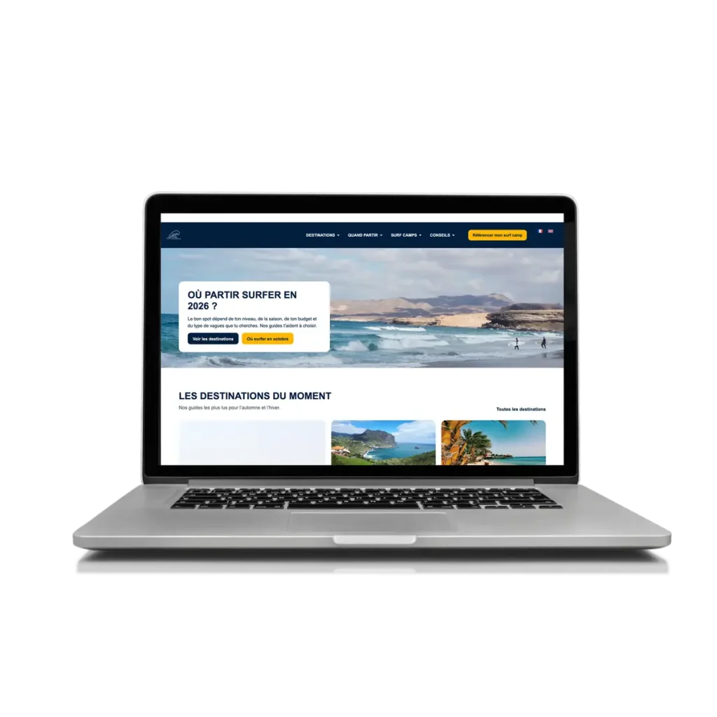 Création du site internet éditorial Où partir surfer, guide des voyages surf sous WordPress, sur MacBook