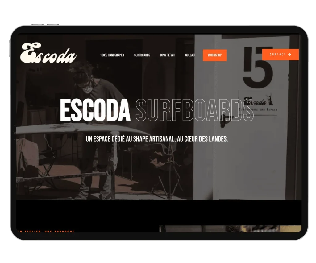 Site Escoda Surfboards affiché sur tablette