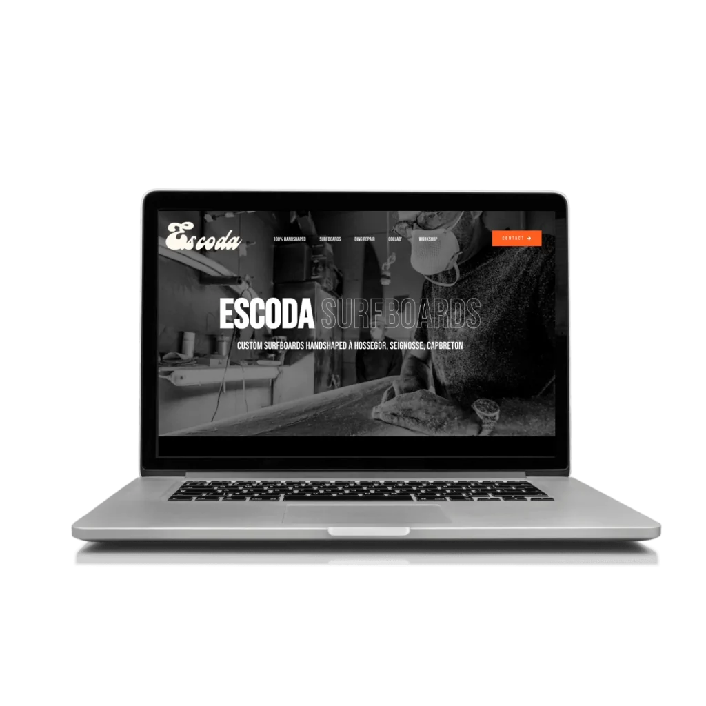 Site Escoda Surfboards, shaper à Hossegor, affiché sur ordinateur et mobile