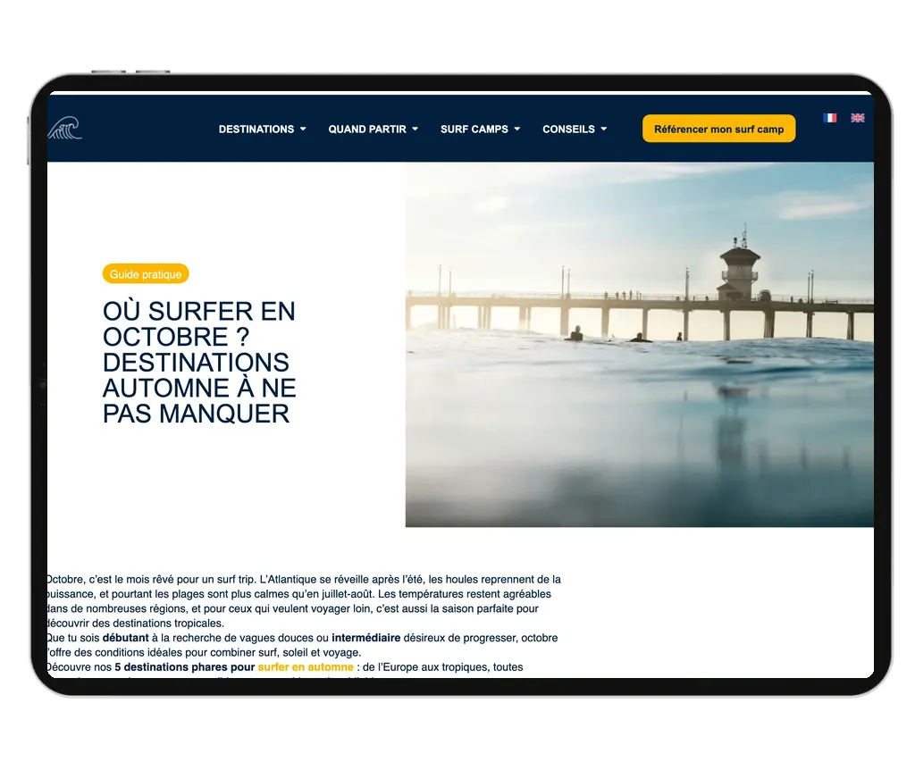 Page « Où surfer en octobre » du site Où partir surfer sur tablette, en position 1 sur Google