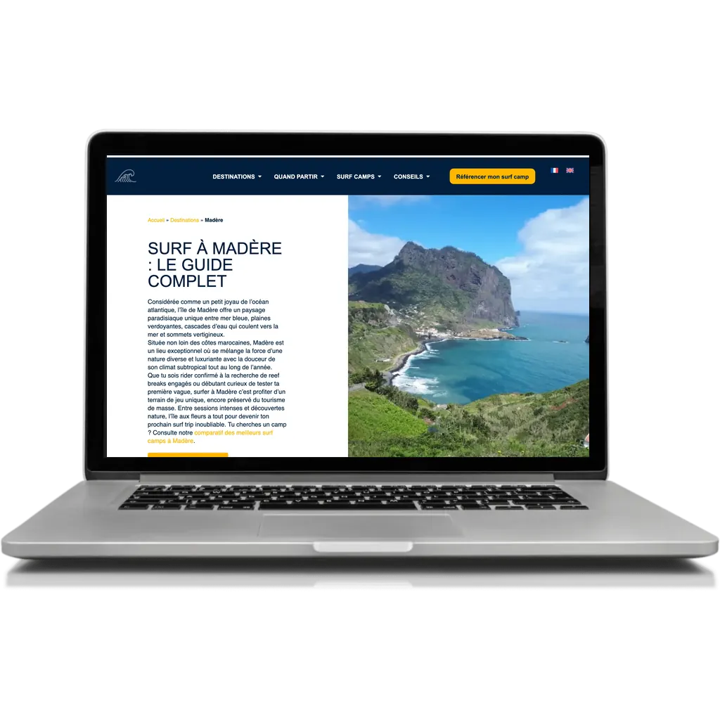 Guide surf à Madère du site Où partir surfer sur ordinateur portable, exemple de contenu rédigé pour le SEO
