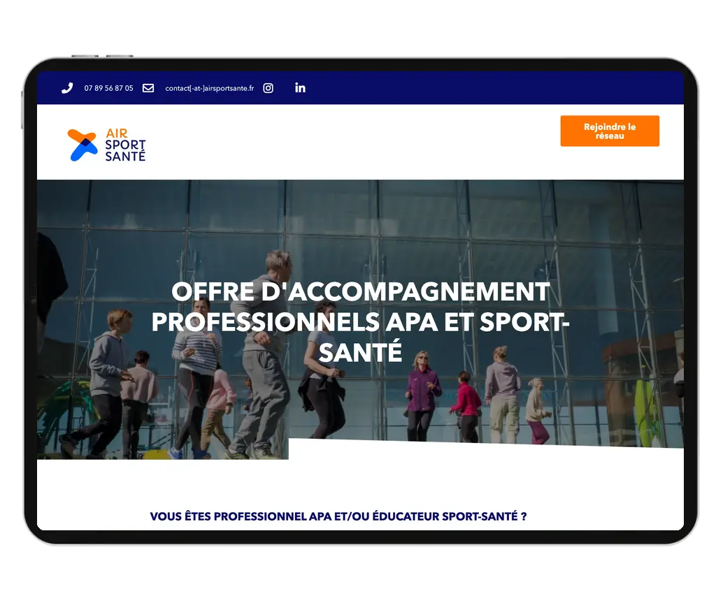 Page offre d’accompagnement des professionnels APA du site Air Sport Santé, sur tablette