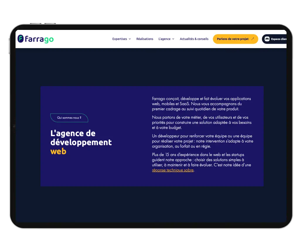 Page présentation de l’agence de développement web Farrago, sur tablette