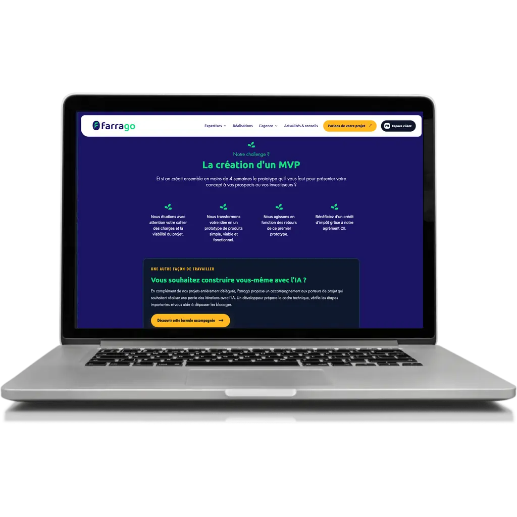 Page création de MVP du site Farrago, sur ordinateur portable