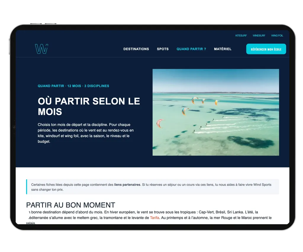 Page « Quand partir ? » du site Wind Sports sur tablette, filtres par mois et discipline