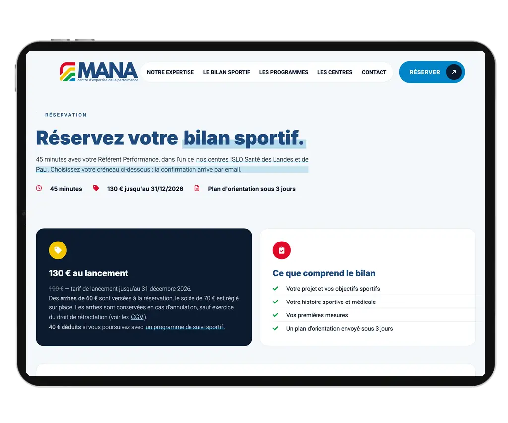 Page de réservation en ligne SimplyBook du site MANA sur tablette
