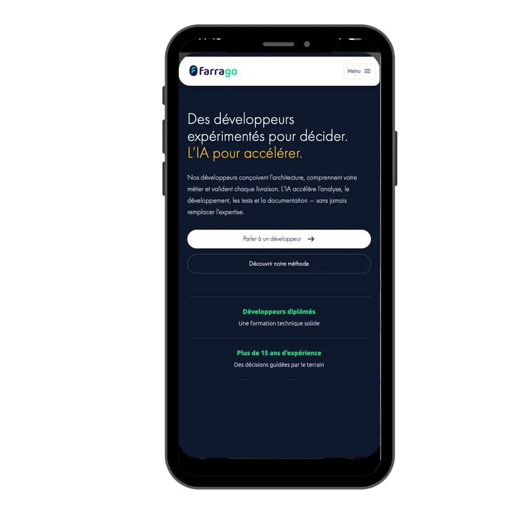 Version mobile du site internet de l’agence Farrago