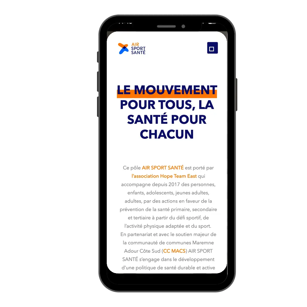 Version mobile du site de l’association sport santé Air Sport Santé, dans les Landes