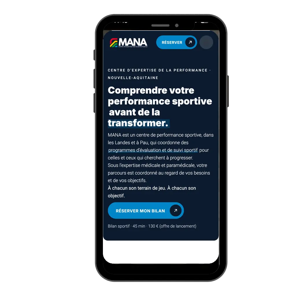 Version mobile du site MANA, centre d’expertise de la performance sportive, sur téléphone