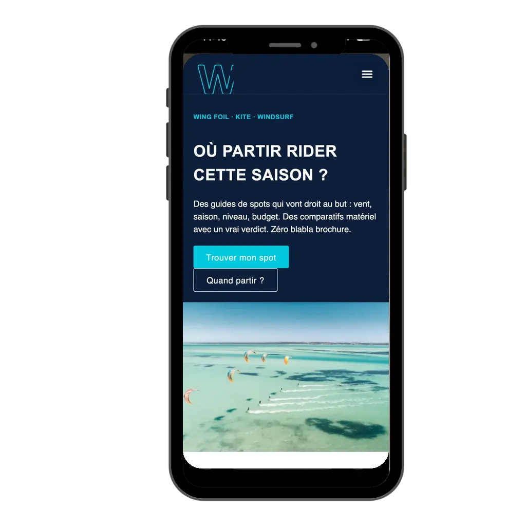 Version mobile du site Wind Sports, guide kitesurf, windsurf et wing foil, sur téléphone