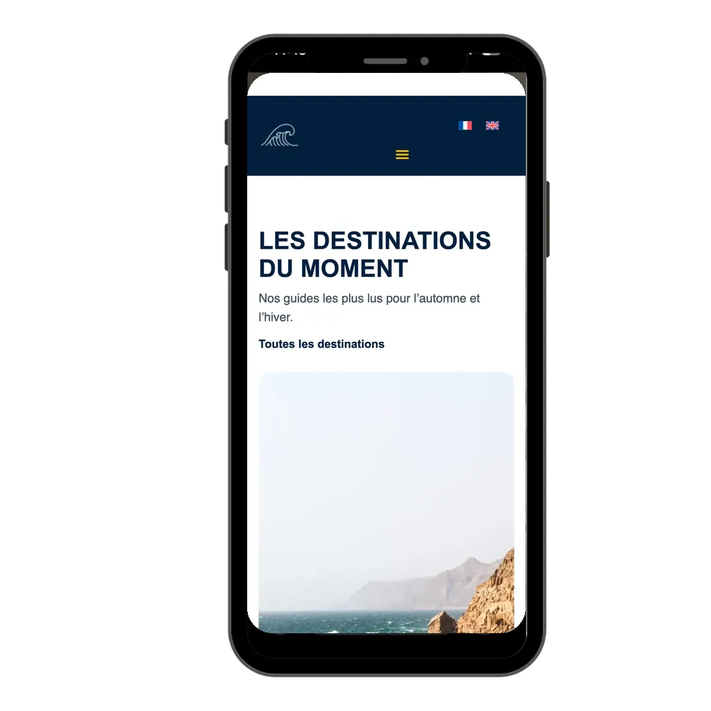 Version mobile du site Où partir surfer, guide de voyage surf sous WordPress / Elementor, sur téléphone
