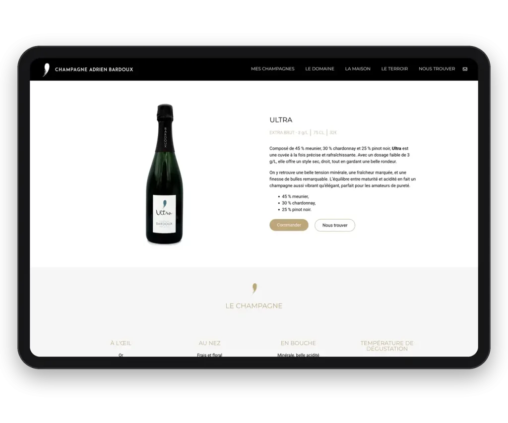 Site internet one page Champagne Adrien Bardoux sur tablette, fiche de la cuvée Ultra