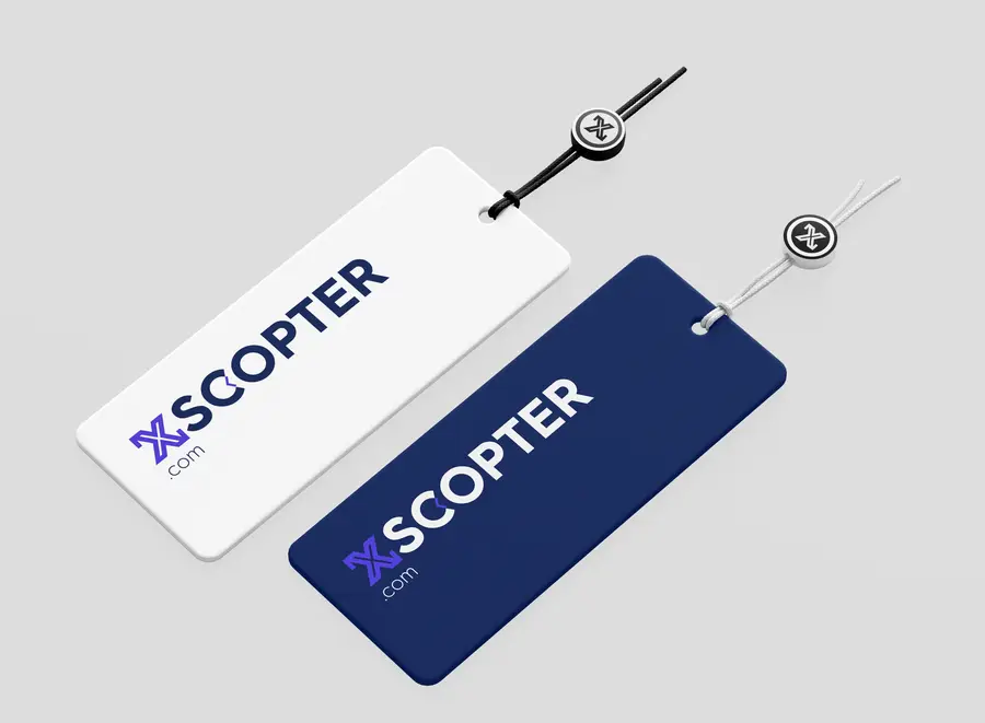 Étiquettes XSCopter aux couleurs de l'identité visuelle créée par Bastien Roch, studio Rodeo Basilic