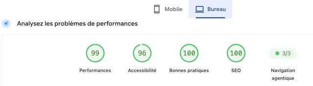 Score Google PageSpeed sur ordinateur du site XSCopter : performances 99 sur 100