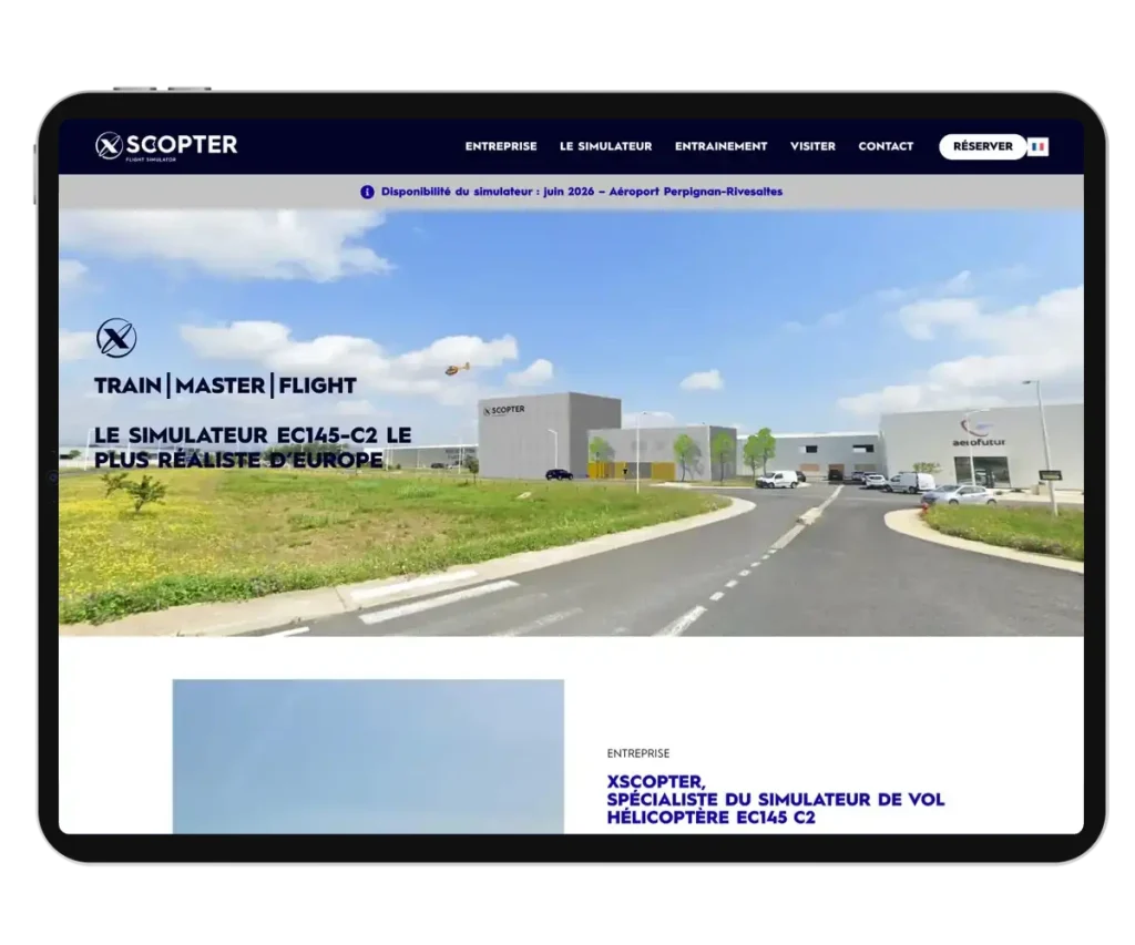 Page d’accueil du site XSCopter affichée sur une tablette
