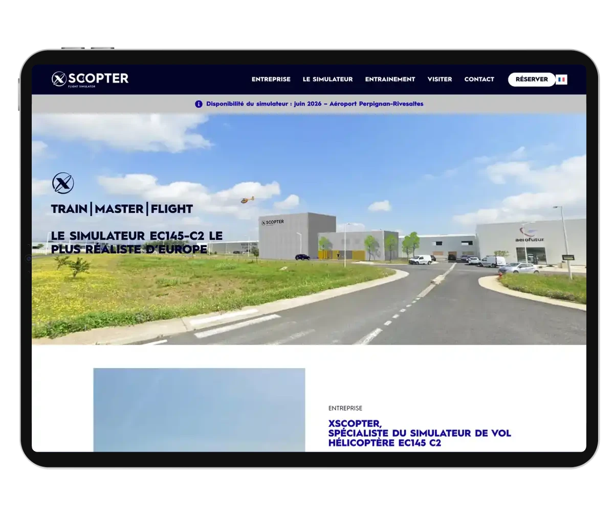 Page d’accueil du site XSCopter affichée sur une tablette